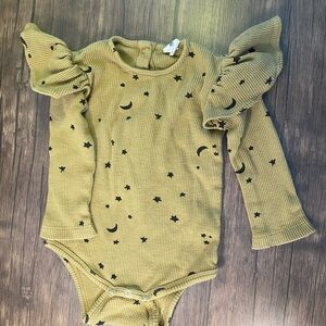 Kate Quinn Romper with Long Sleeves and Ruffles- yellow with stars and moons